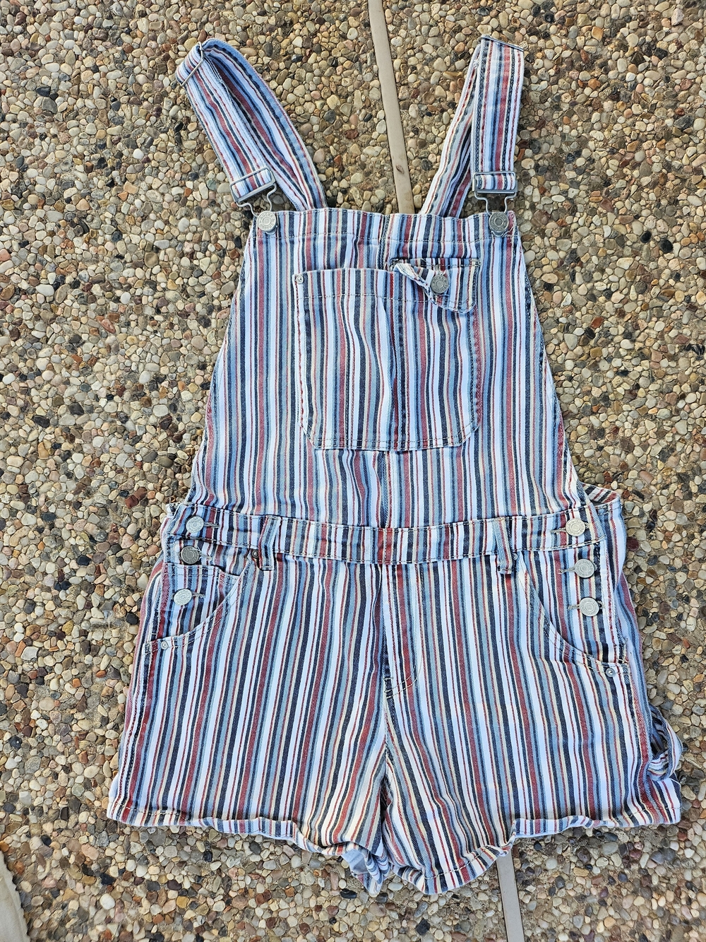 Rocks & Indigo Striped Multi-Color Jean Short Overalls Romper 12/30